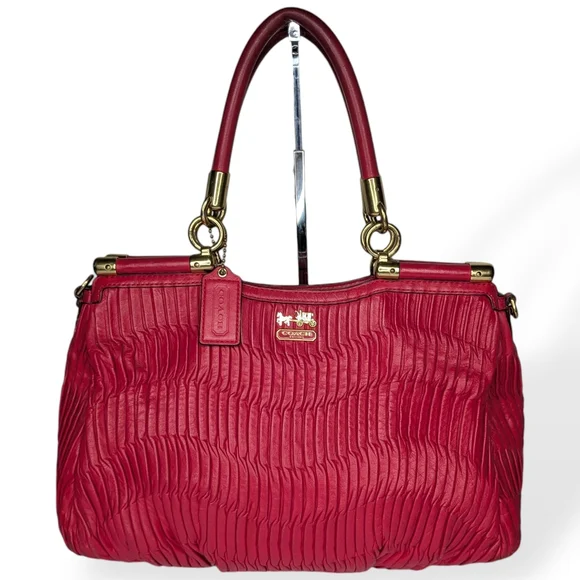 Coach Madison Large Pleated Gathered Red Pink Leather Shoulder Bag Satchel 21281 - Picture 3 of 16